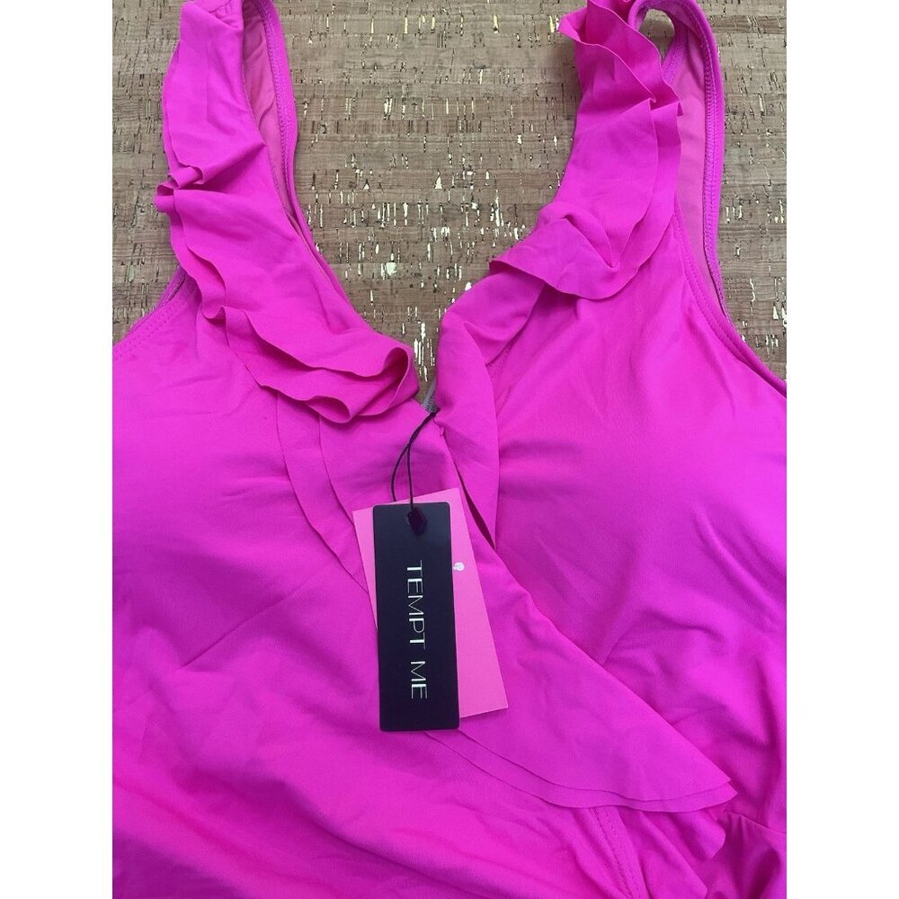 Tempt Me Hot Pink High Neck Plunge Keyhole Ruched One Piece Swimsuit Size XXL - Picture 2 of 6